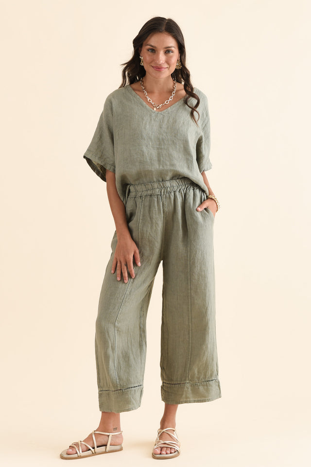 Dinah Khaki Linen Trim Pants,Full Body,Brunette model,alt text|model:Brontie image 2