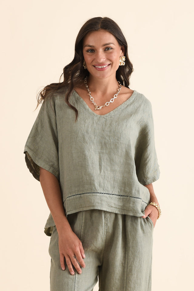 Coan Khaki Linen Trim Top,Front,Brunette model,alt text|model:Brontie image 1