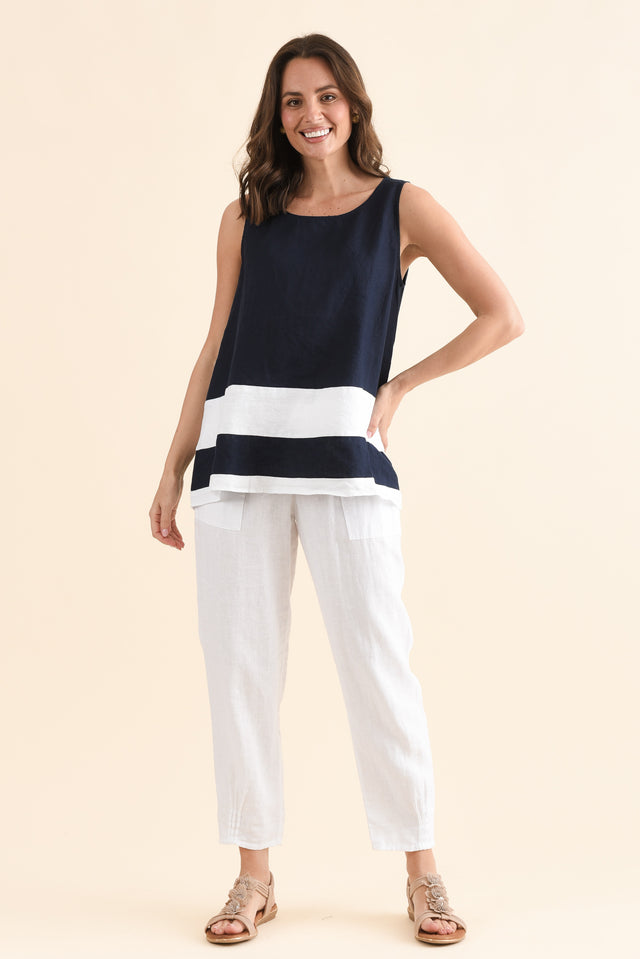 Cobie Navy Contrast Linen Top,Full Body,Brunette model,alt text|model:MJ