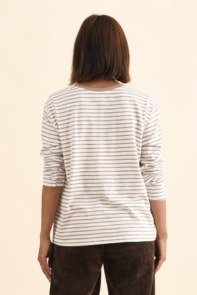 Coco Beige Stripe Long Sleeve Tee,Brunette model,alt text|model:Cara image 4