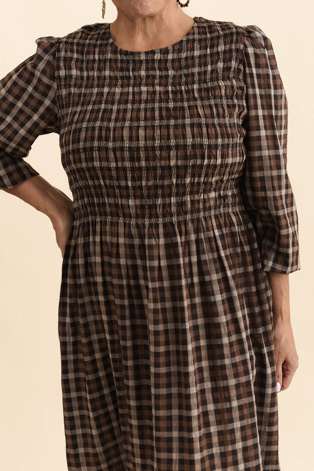 Coco Chocolate Check Cotton Dress,Detail,Brunette model,alt text|model:Pilita image 5