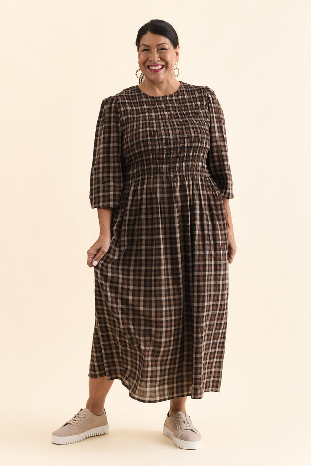 Coco Chocolate Check Cotton Dress,Front,Brunette model,alt text|model:Pilita