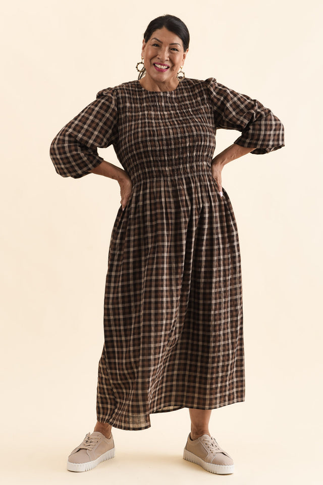 Coco Chocolate Check Cotton Dress,Full Body,Brunette model,alt text|model:Pilita