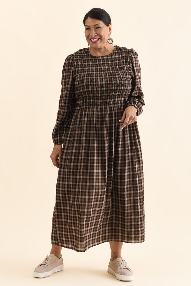 Coco Chocolate Check Cotton Dress,Full Body,Brunette model,alt text|model:Pilita image 6