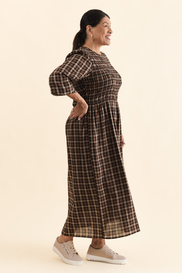 Coco Chocolate Check Cotton Dress,Side,Brunette model,alt text|model:Pilita image 3