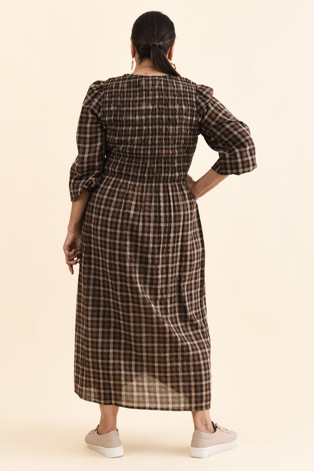 Coco Chocolate Check Cotton Dress,Back,Brunette model,alt text|model:Pilita image 4