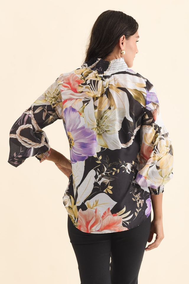 Colette Black Floral Cotton Silk Blouse,Brunette model,alt text|model:Brontie image 5