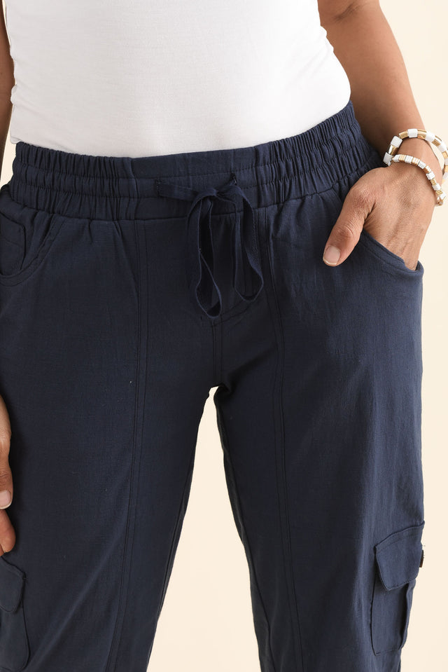 Colette Navy Cargo Pants,Detail,Brunette model,alt text|model:Cara image 8