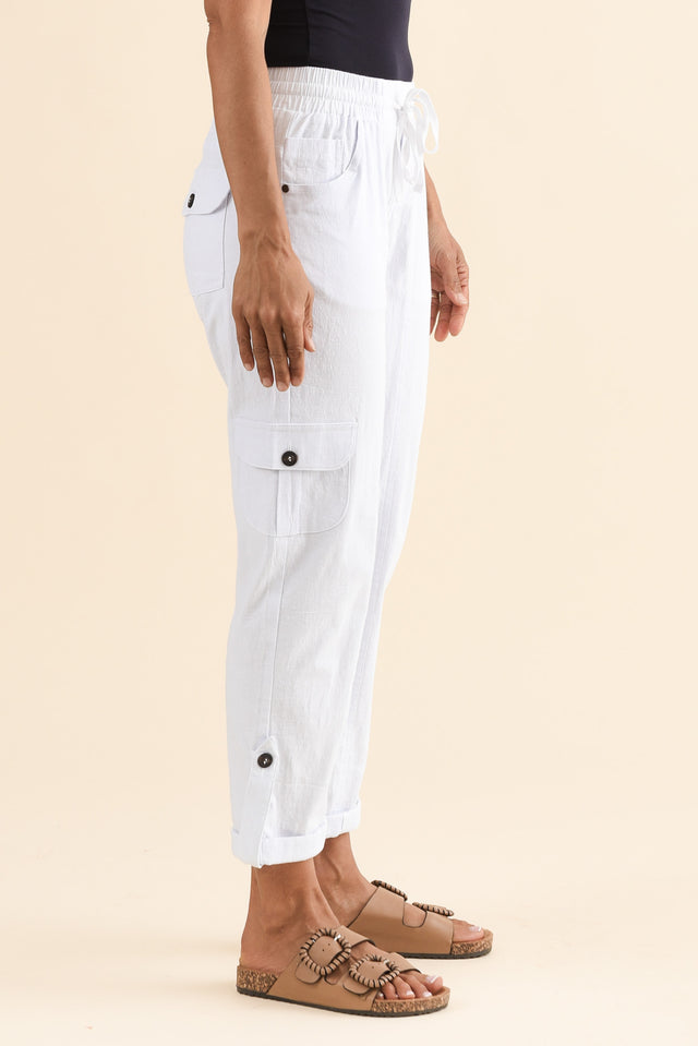 Colette White Cargo Pants,Side,Brunette model,alt text|model:Cara image 5
