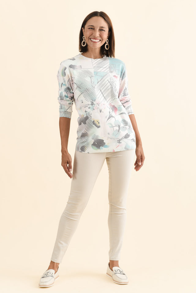 Constance Blue Abstract Crew Sweatshirt,Brunette model,alt text|model:Cara image 7