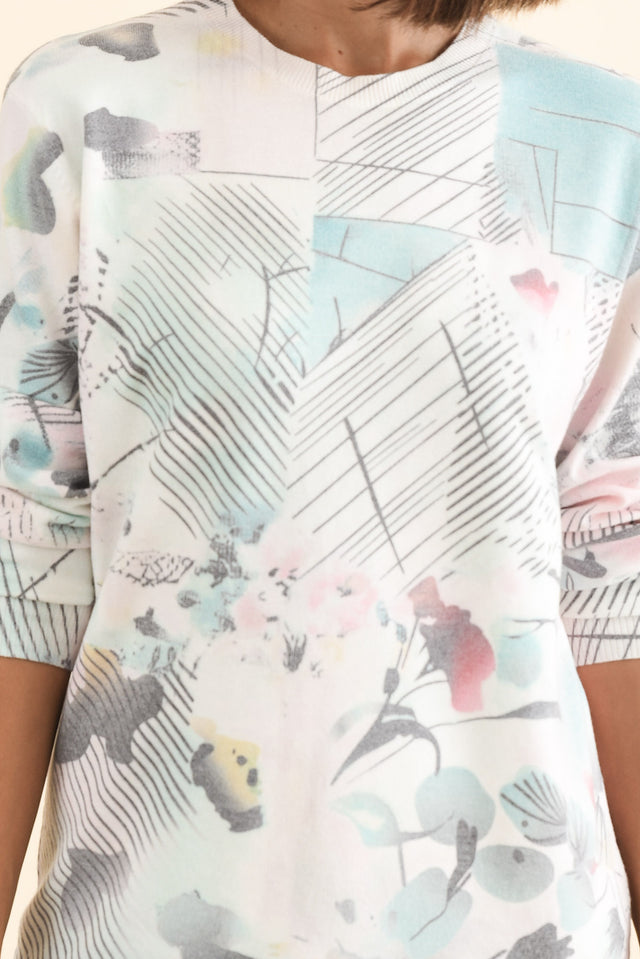 Constance Blue Abstract Crew Sweatshirt,Brunette model,alt text|model:Cara image 6