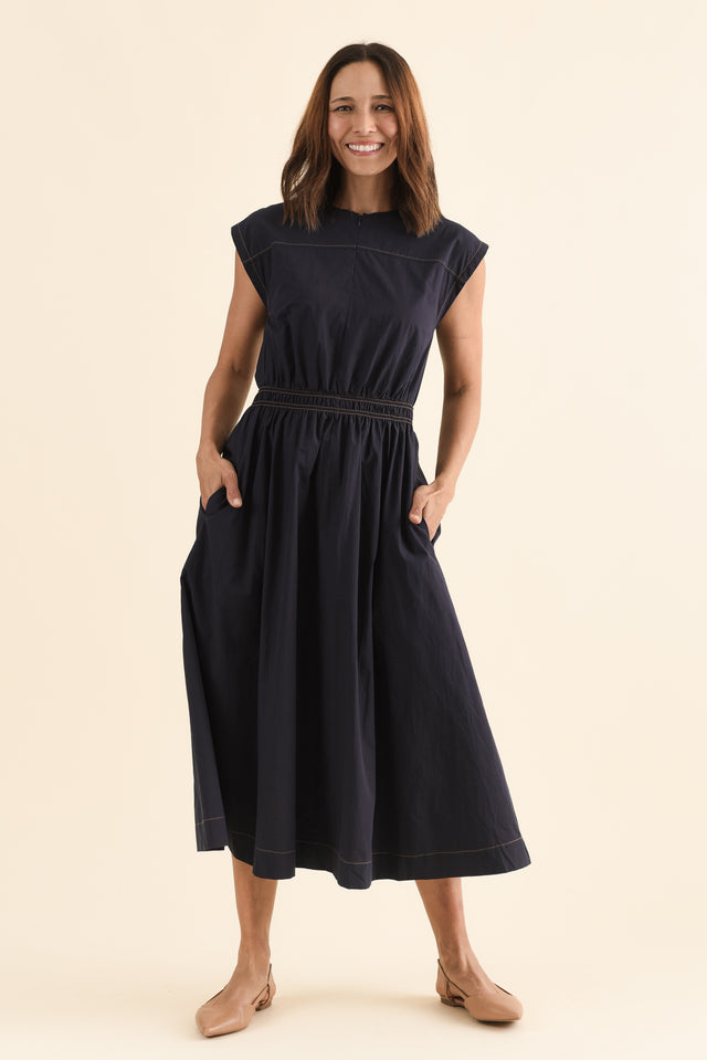 Cooper Navy Cotton Pocket Dress,Full Body,Brunette model,alt text|model:Cara image 6