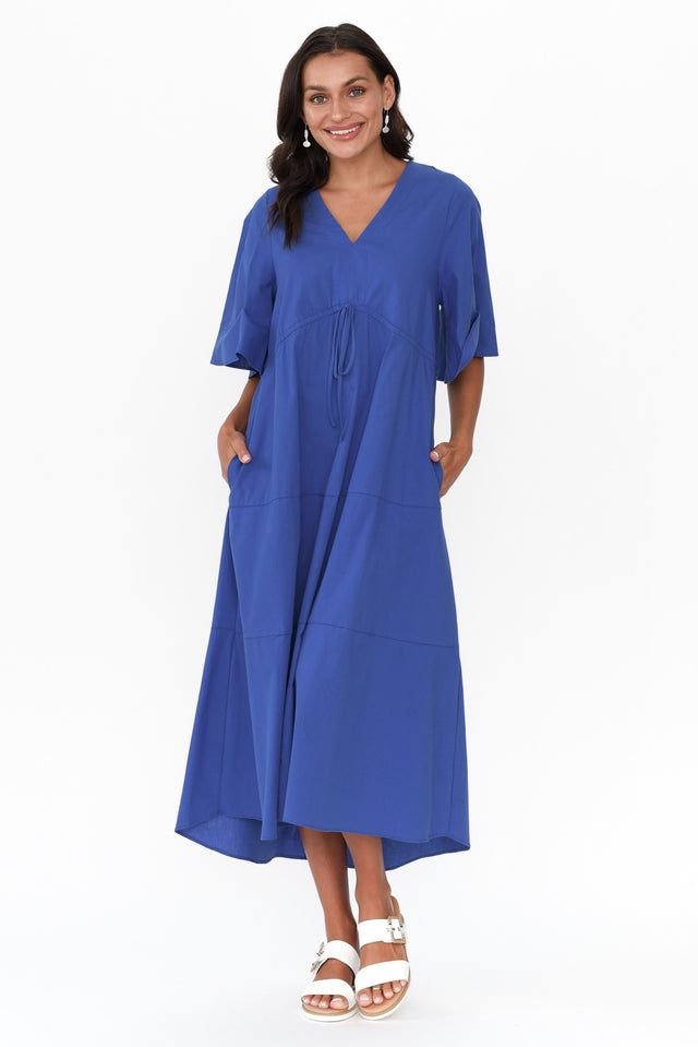 Cora Cobalt Cotton Gathered Dress - Blue Bungalow
