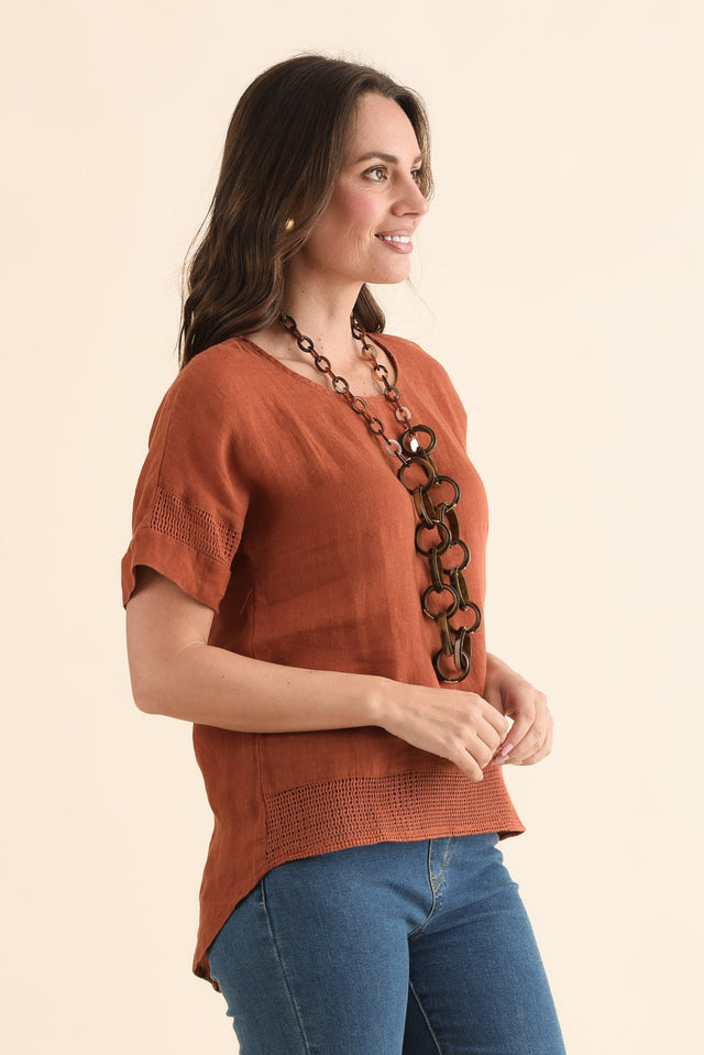 Corinna Rust Linen Top,Side,Brunette model,alt text|model:MJ image 3