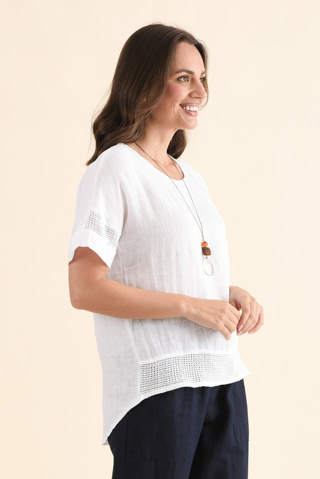 Corinna White Linen Top,Side,Brunette model,alt text|model:MJ image 3