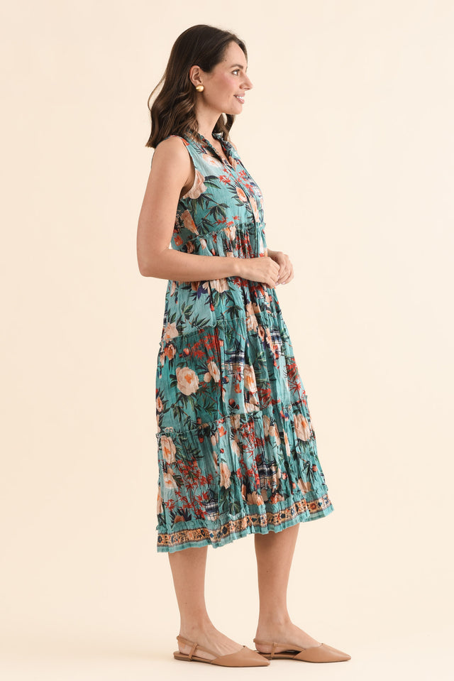 Cosita Light Blue Garden Cotton Pocket Dress,Side,Brunette model,alt text|model:MJ image 3