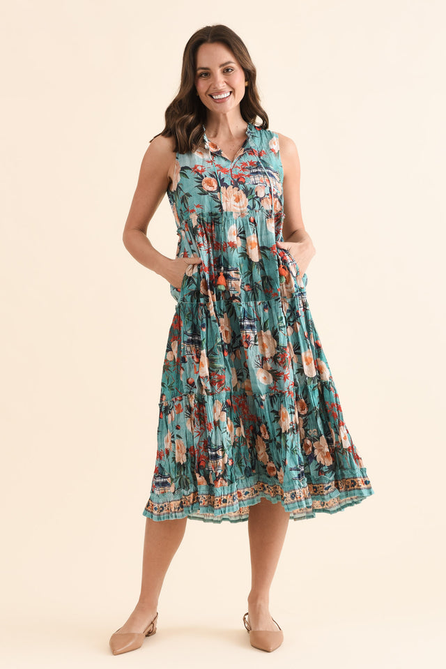 Cosita Light Blue Garden Cotton Pocket Dress,Full Body,Brunette model,alt text|model:MJ