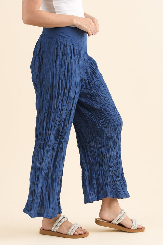 Costello Indigo Crinkle Cotton Pants,Side,Brunette model,alt text|model:MJ image 3