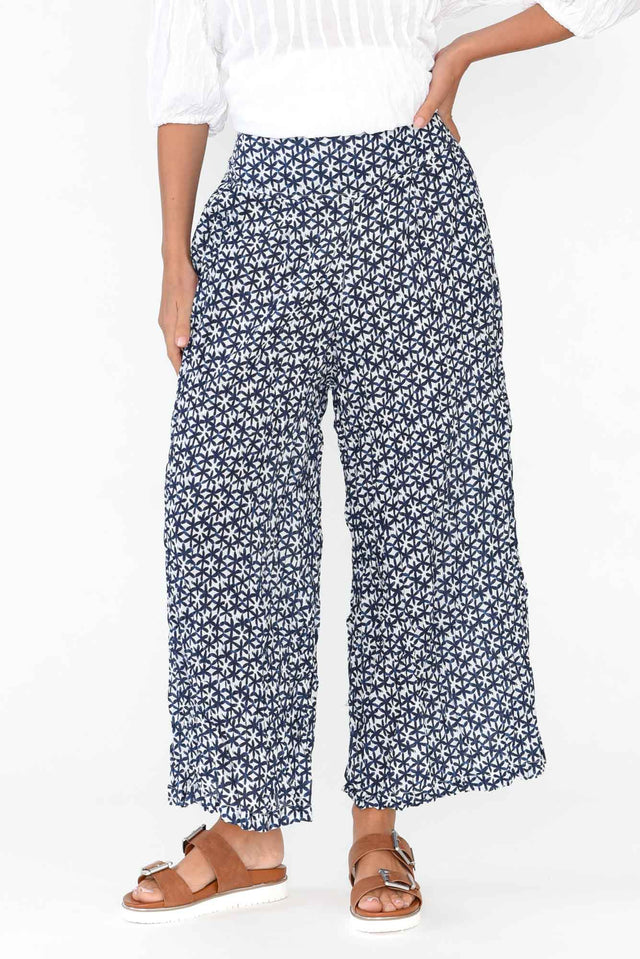 Costello Navy Flower Crinkle Cotton Pants image 1