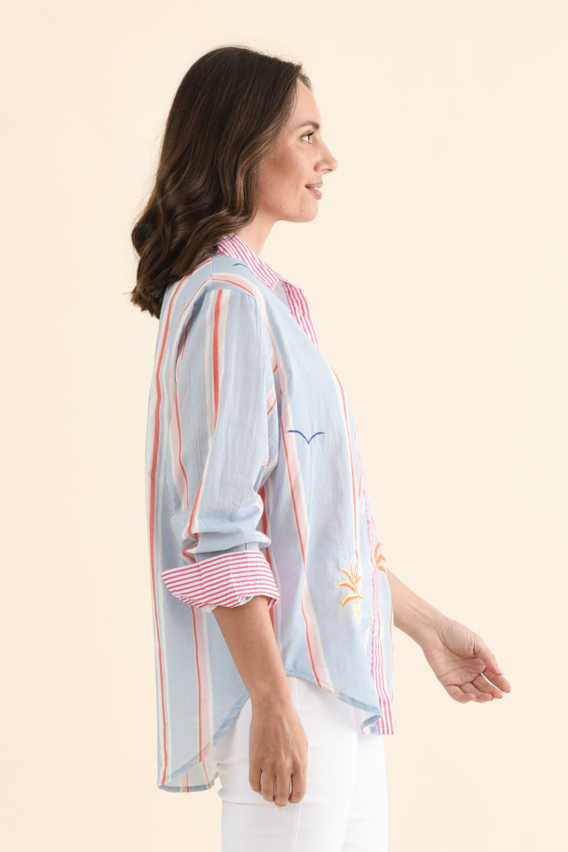 Costina Blue Nature Cotton Embroidered Shirt,Side,Brunette model,alt text|model:MJ image 3