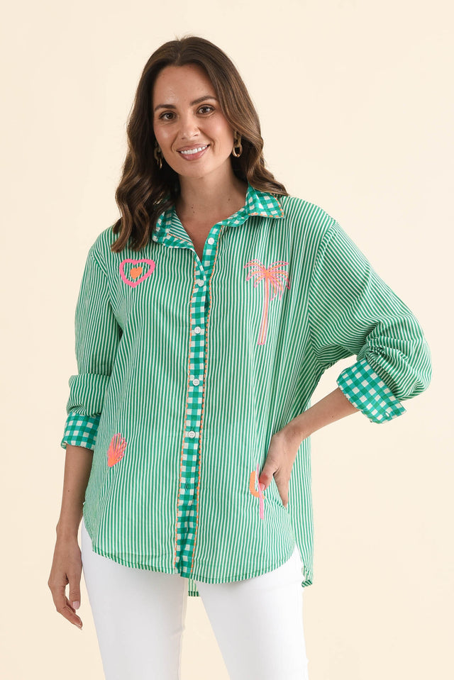Costina Green Western Cotton Embroidered Shirt,Front,Brunette model,alt text|model:MJ image 1