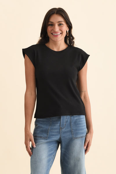 Cuff Black Ribbed Tee,Brunette model,alt text|model:Brontie