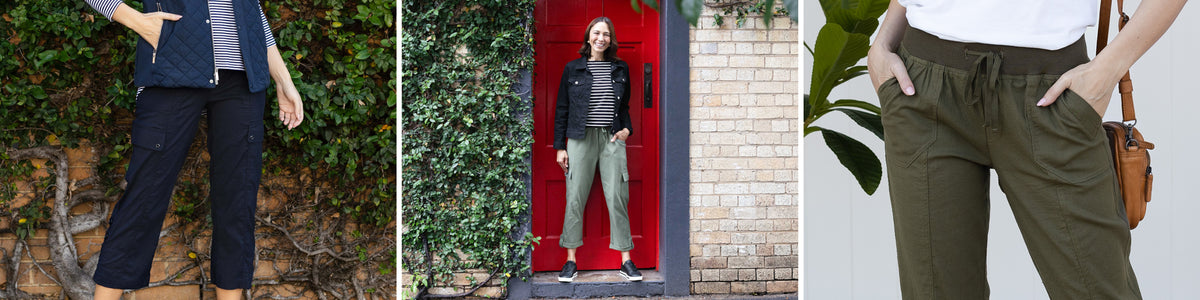 Brunette women wearing a variety of cropped or rolled up cargo pants