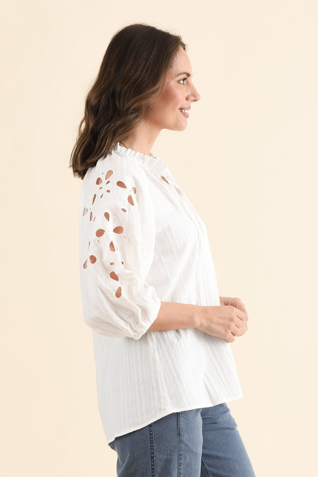 Daisy White Cotton Embroidered Top,Side,Brunette model,alt text|model:MJ image 5