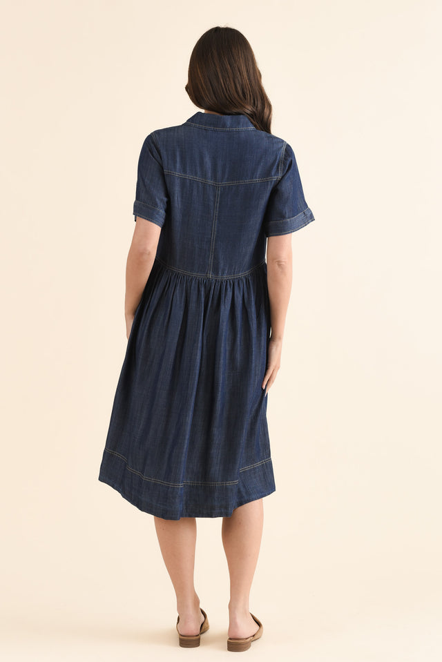 Daley Dark Blue Denim Shirt Dress,Back,Brunette model,alt text|model:MJ image 4