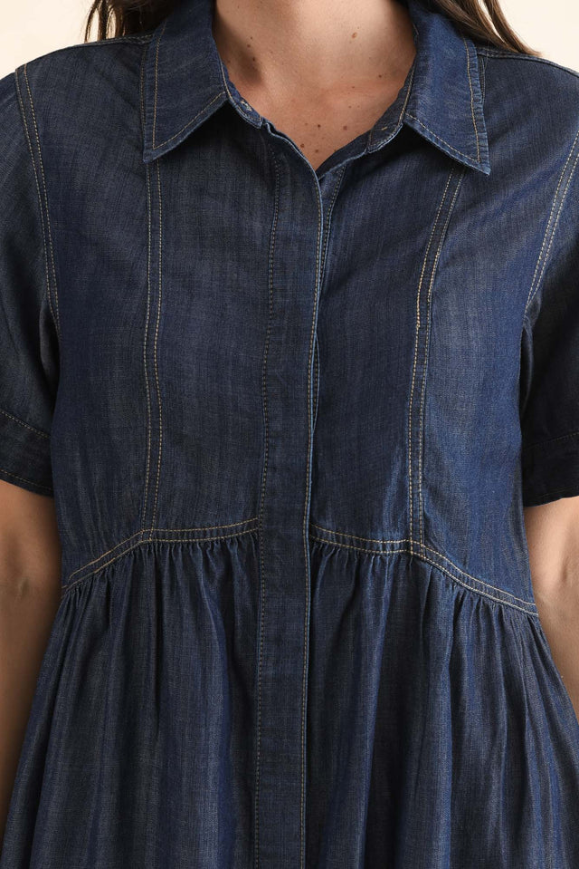 Daley Dark Blue Denim Shirt Dress,Detail,Brunette model,alt text|model:MJ image 5