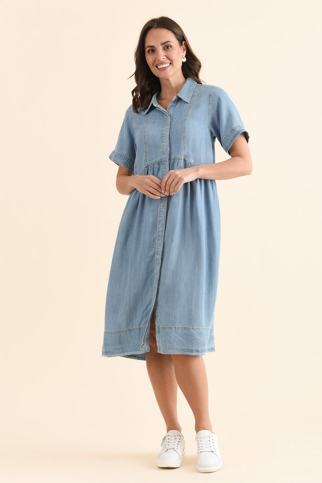 Daley Light Blue Denim Shirt Dress,Full Body,Brunette model,alt text|model:MJ image 6