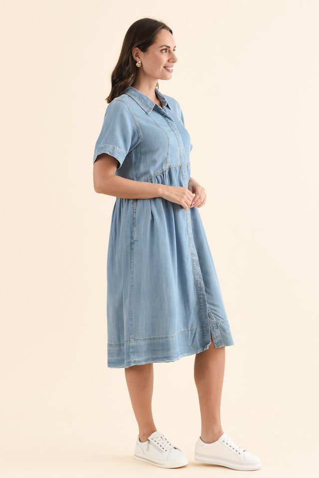 Daley Light Blue Denim Shirt Dress,Side,Brunette model,alt text|model:MJ image 3