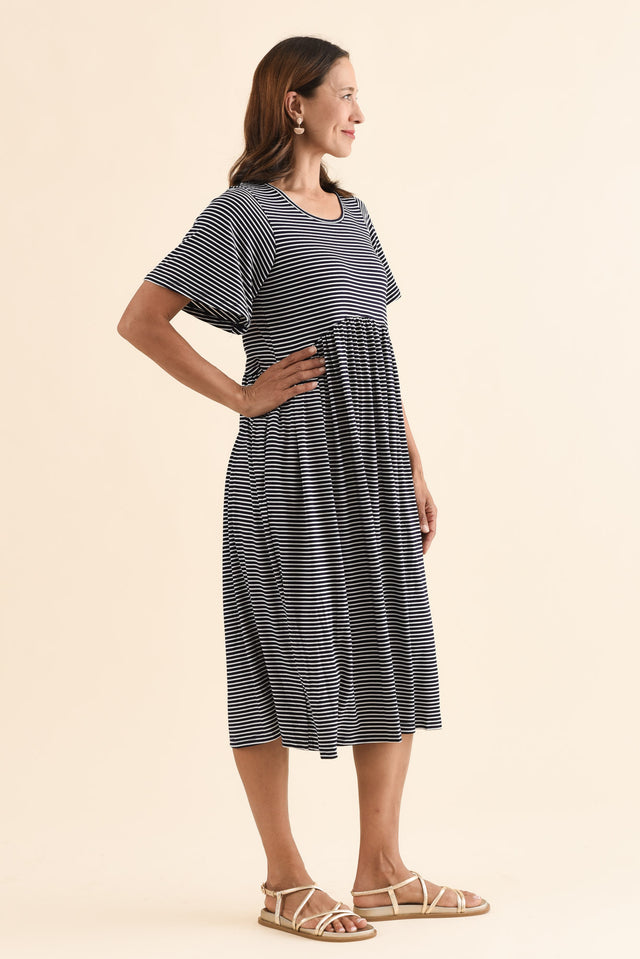 Dalton Navy Stripe Crescent Dress,Side,Brunette model,alt text|model:Cara image 3