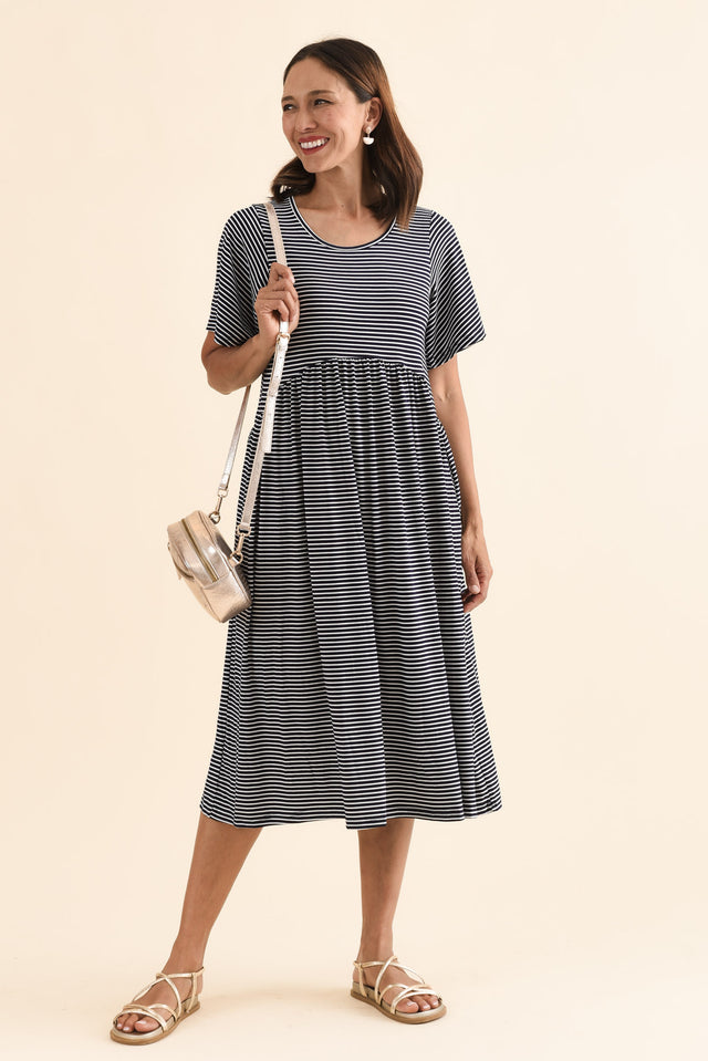 Dalton Navy Stripe Crescent Dress,Front,Brunette model,alt text|model:Cara image 1