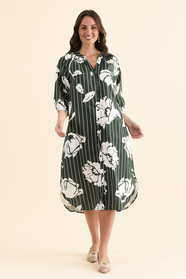 Damani Green Floral Stripe Pocket Dress,brunette model,Front of Outfit,alt text|model:MJ image 1