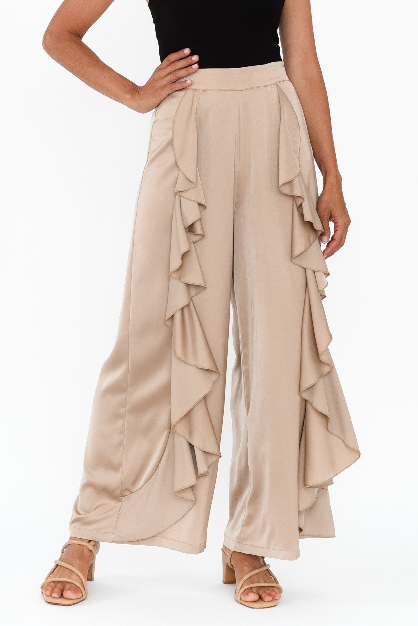 Side Ruffle Pants Dancer Taupe Ruffle Pants - Blue Bungalow AU