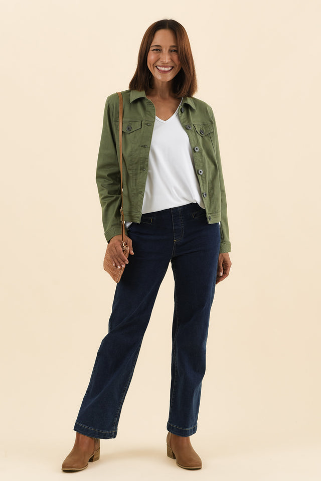 Danielle Khaki Stretch Jean Jacket,Full Body,Brunette model,alt text|model:Cara image 6