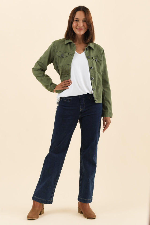 Danielle Khaki Stretch Jean Jacket,Full Body,Brunette model,alt text|model:Cara