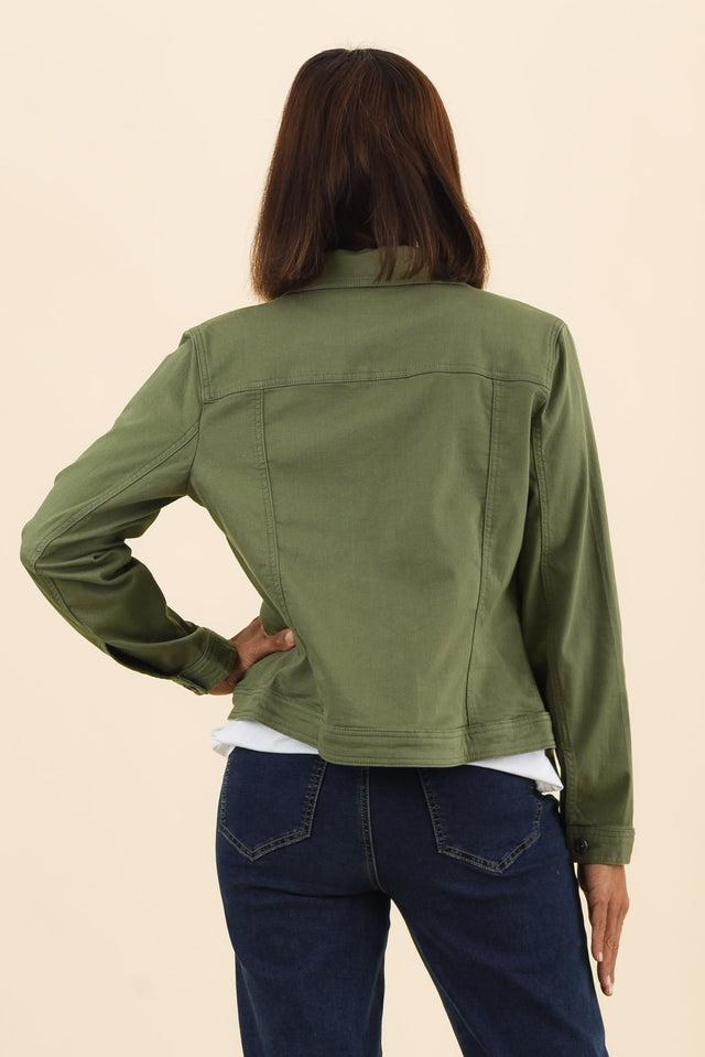Danielle Khaki Stretch Jean Jacket,Back,Brunette model,alt text|model:Cara image 4