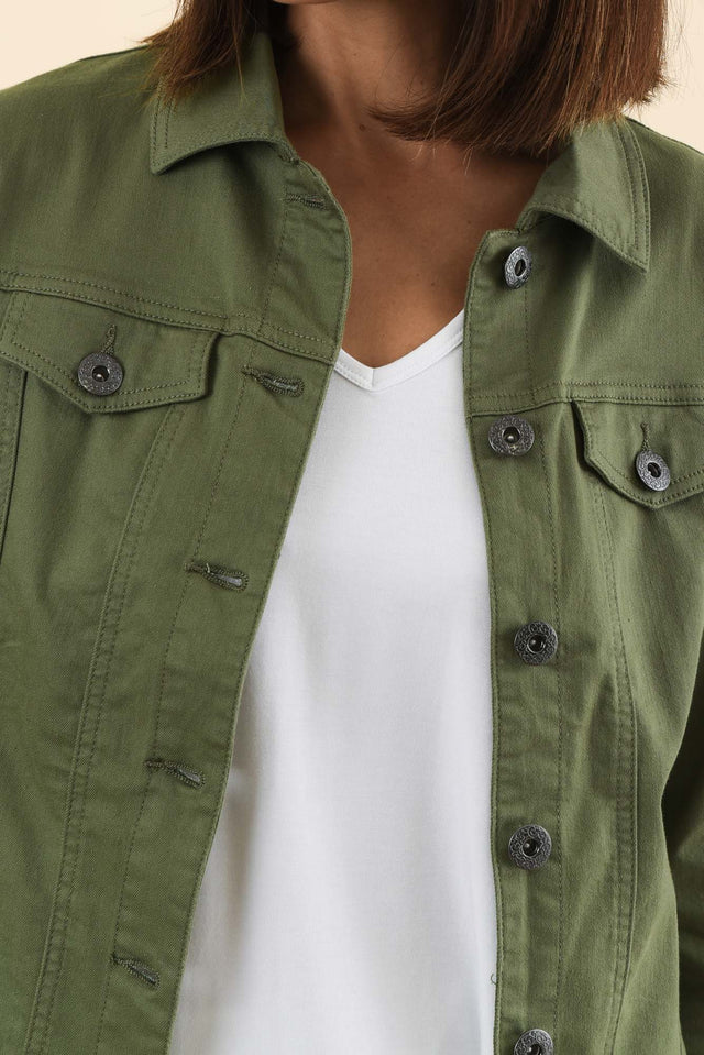Danielle Khaki Stretch Jean Jacket,Detail,Brunette model,alt text|model:Cara image 5