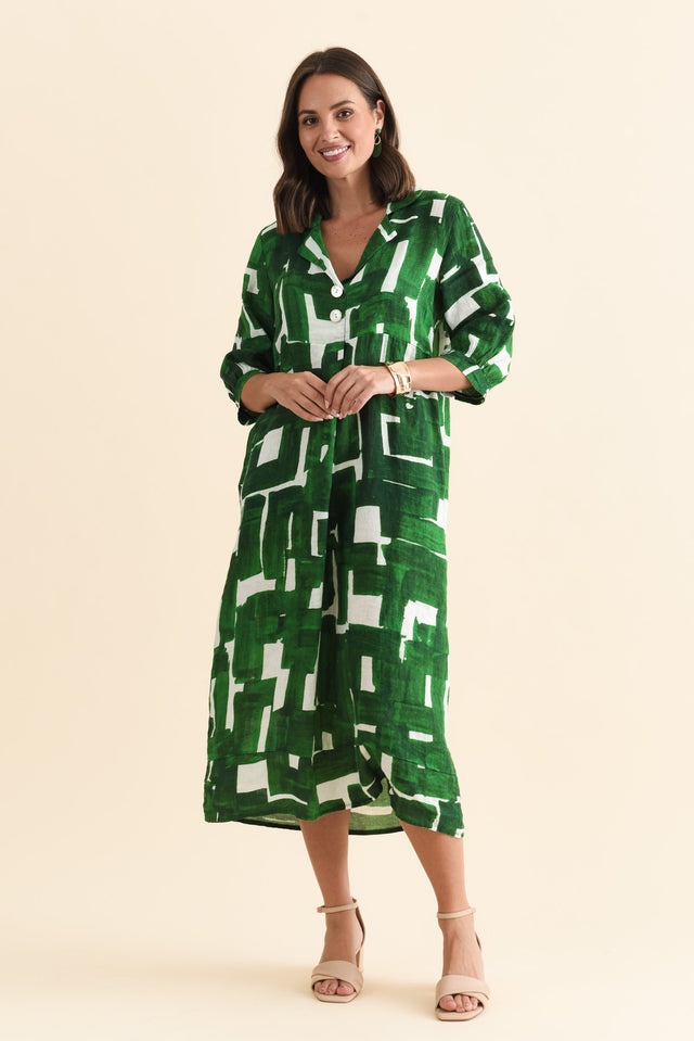 Daria Green Geo Linen Collared Dress,Brunette model,alt text|model:MJ image 7