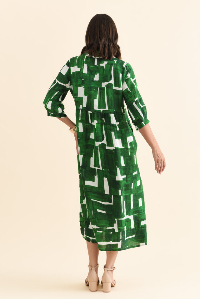 Daria Green Geo Linen Collared Dress,Brunette model,alt text|model:MJ image 5