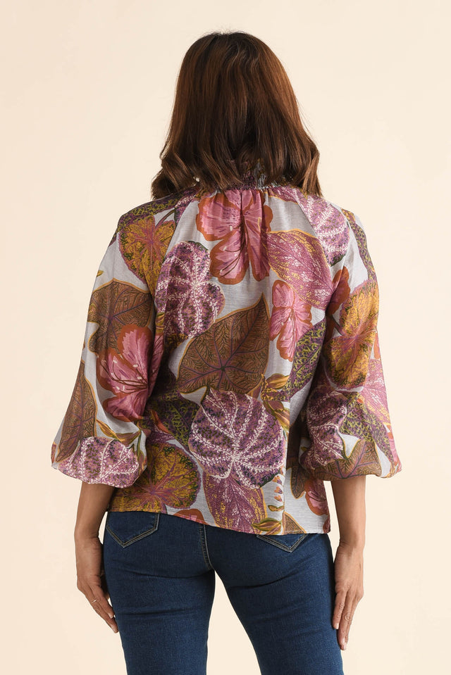 Daria Purple Leaf Shirred Blouse,Back,Brunette model,alt text|model:Cara image 4