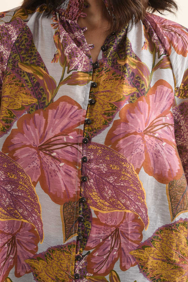 Daria Purple Leaf Shirred Blouse,Detail,Brunette model,alt text|model:Cara image 5