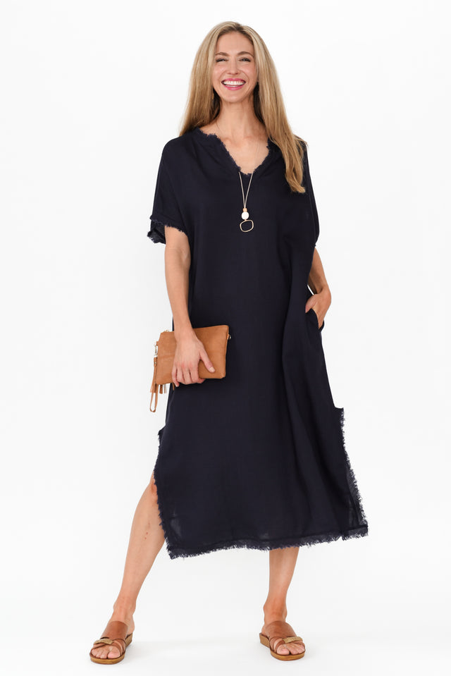 Darlene Navy Frayed Midi Dress