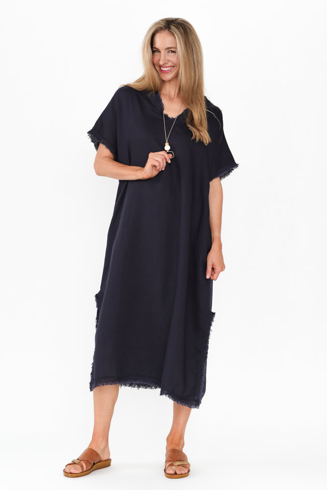 Darlene Navy Frayed Midi Dress