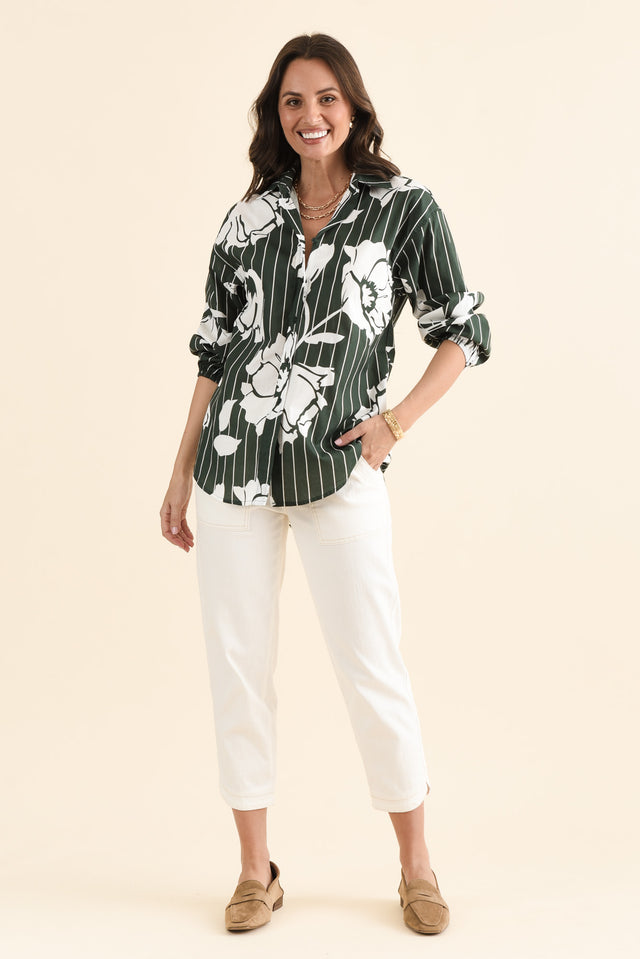Darline Green Floral Stripe Cotton Shirt,brunette model,Full Outfit,alt text|model:MJ image 2
