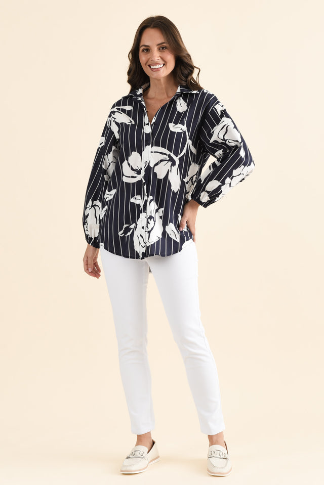 Darline Navy Floral Stripe Cotton Shirt,brunette model,Full Outfit,alt text|model:MJ image 6