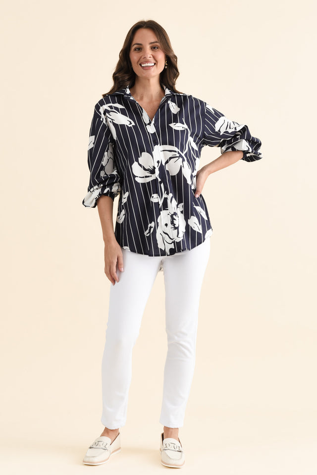 Darline Navy Floral Stripe Cotton Shirt,brunette model,Full Outfit,alt text|model:MJ image 2