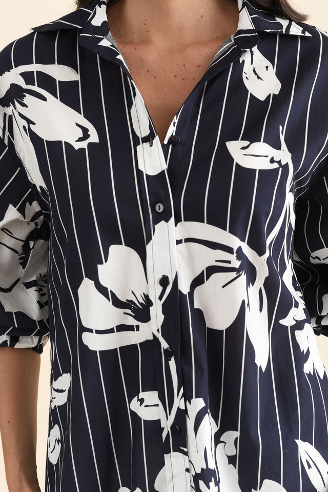 Darline Navy Floral Stripe Cotton Shirt,brunette model,Close up of outfit,alt text|model:MJ image 5